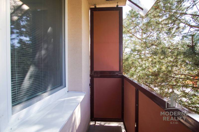 Balcony of a 2-room apartment with a view of greenery, railing, window.