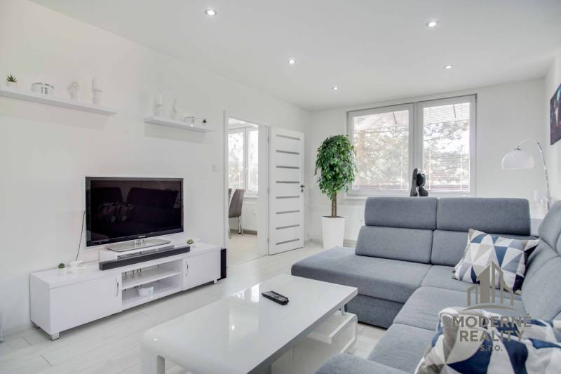 Living room in a two-room apartment with a TV, gray sofa, and white furniture.