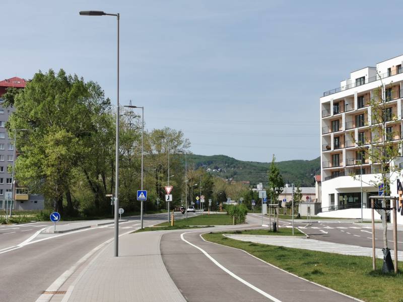 On Eduard Wenzl Street, there are trees, a building, and garages along the road.