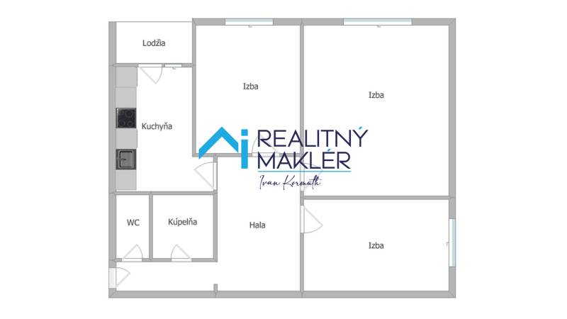 The floor plan of a 3-room apartment includes a kitchen, a bathroom, a toilet, and three rooms.