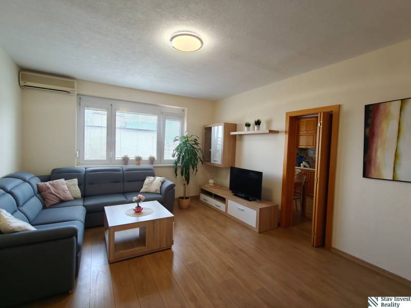 A bright living room with a blue sofa in a three-room apartment, wooden decor flooring.