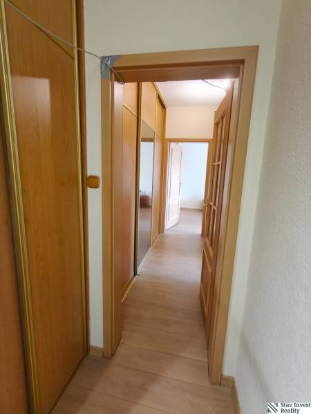 A hallway in a 3-room apartment with a wooden-patterned floor and a mirrored wardrobe.