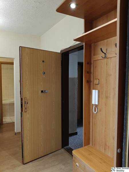Entrance hall in a 3-room apartment with a wood-patterned floor and a coat rack wall.