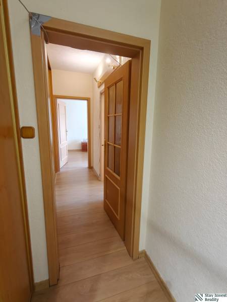 A hallway with doors and a floor with wooden decor in a 3-room apartment.