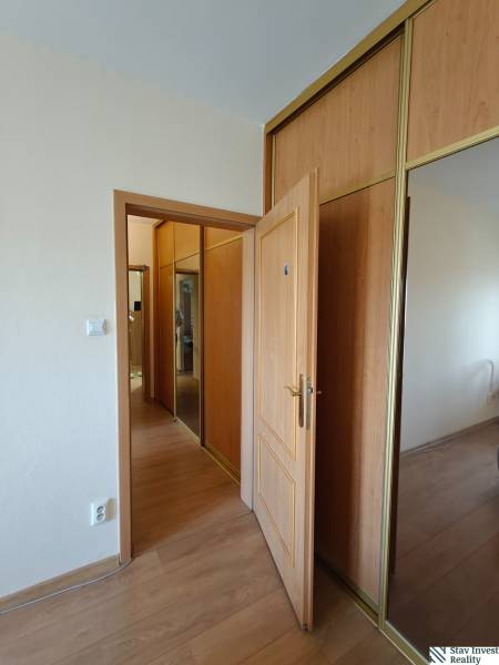 Built-in wardrobes with doors and flooring with a wood decor, 3-room apartment.