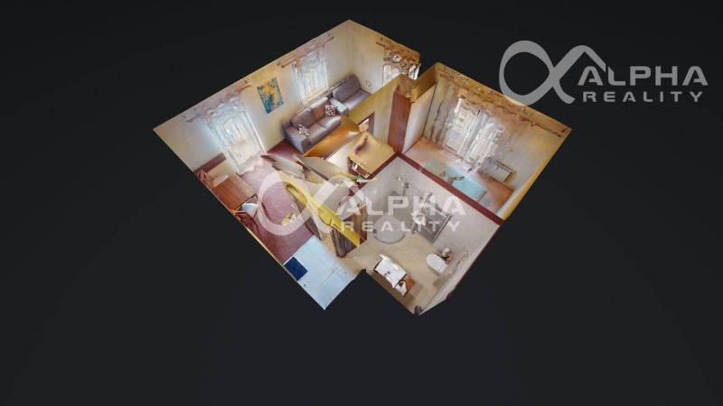 3D floor plan of a 2-room apartment with furniture and a bathroom with a toilet.