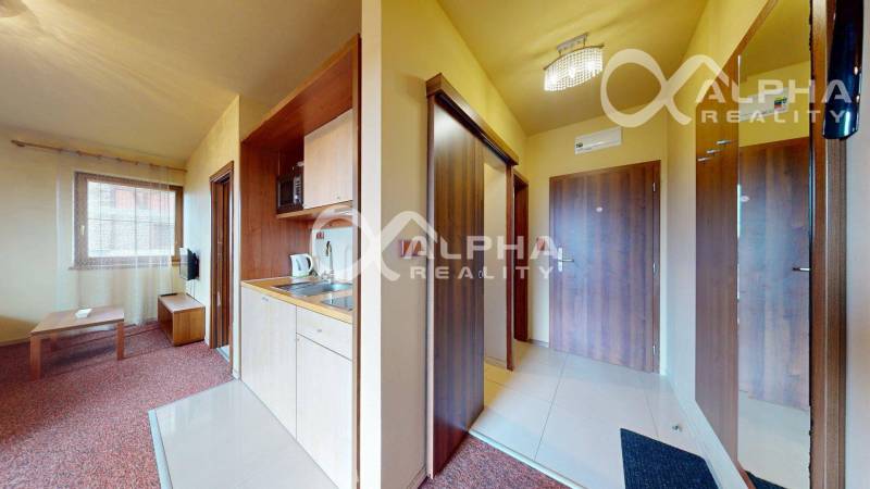 Interior of a 2-room apartment with a kitchenette and a living room with a television.