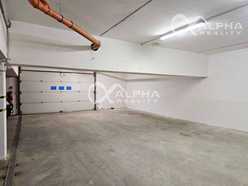 A garage in a 2-room apartment, with a concrete floor and a rolling door.