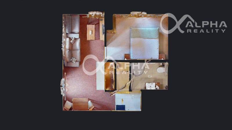 Floor plan of a 2-room apartment with a living room, bedroom, and bathroom.