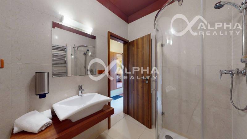 Bathroom interior in a 2-room apartment with a shower and a sink on a wooden decor.