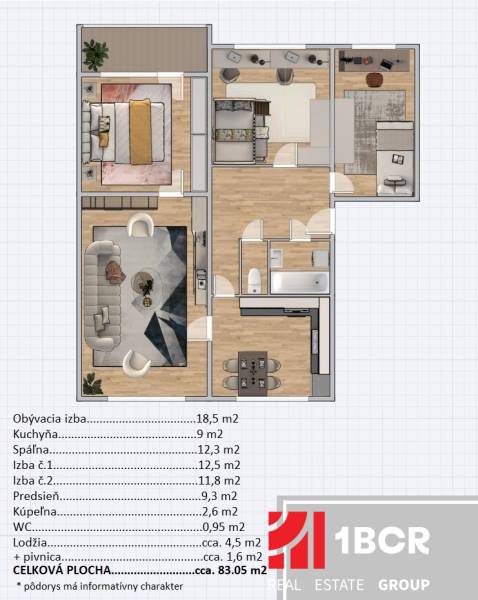 Floor plan of a 4-room apartment with wood-patterned flooring, bright rooms, bathroom, kitchen.