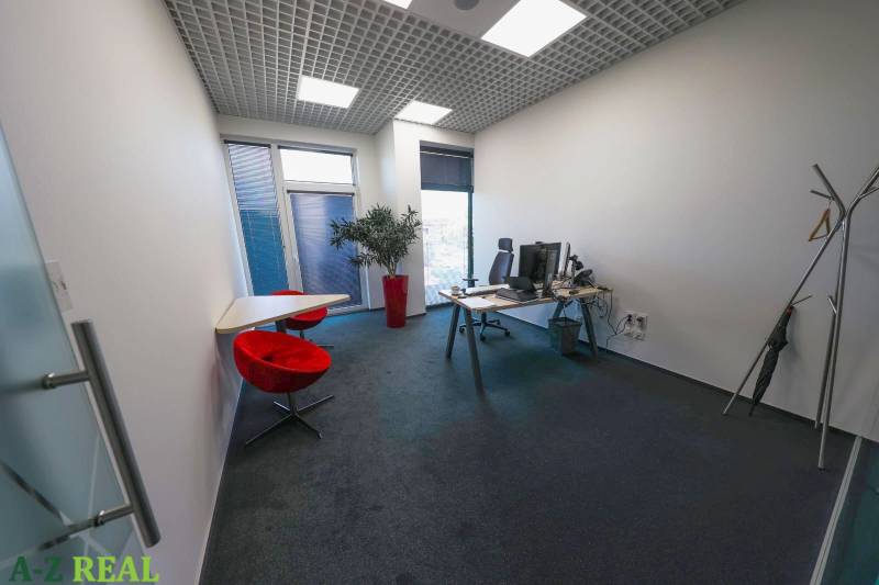 Office interior with a computer desk, red chairs, and a decorative plant.
