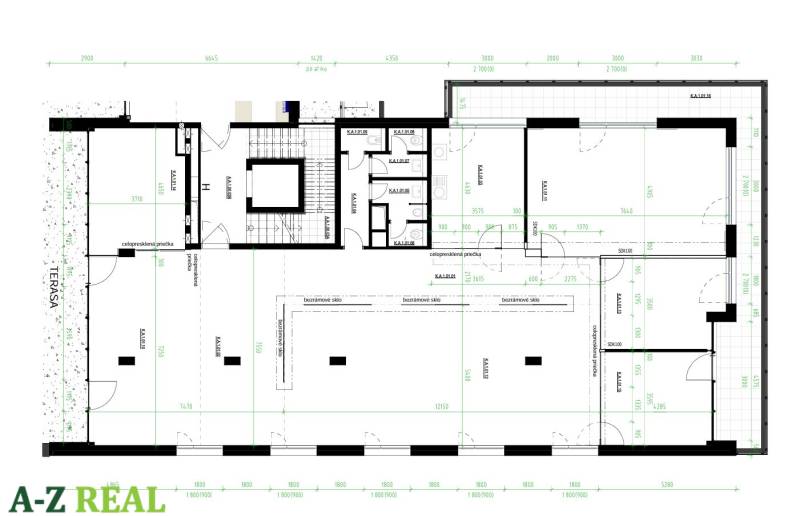 Floor plan of offices with a terrace and glass partitions for maximum space utilization.