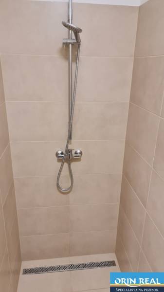 A shower corner in a studio apartment with a simple design and clean lines.
