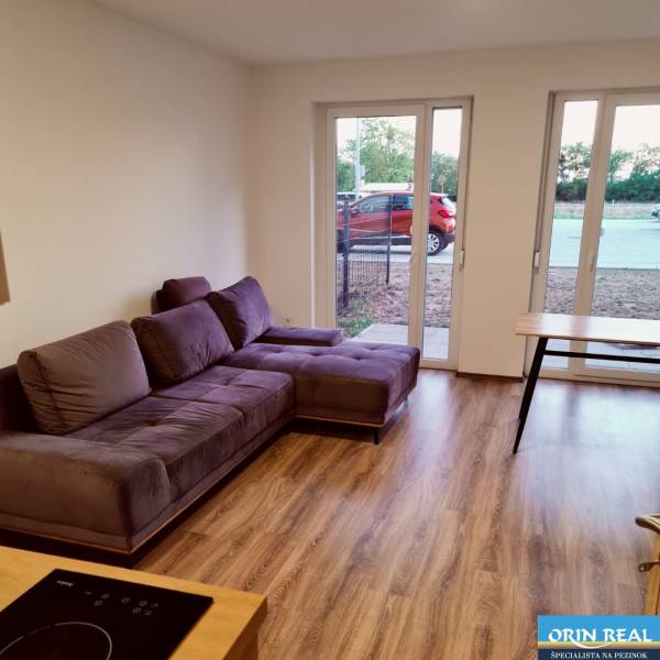 Living space in a studio apartment with a purple sofa and a wooden-patterned floor.