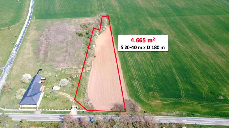 Aerial view of the plot in Ondrejovce, Záhrady, with an area of 4,665 m² marked.