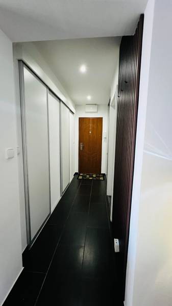 A narrow hallway with a black floor and white built-in wardrobes in a 3-room apartment.
