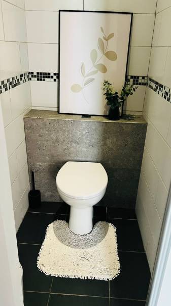 A bathroom in a 3-room apartment with a toilet, a picture, and a plant on the windowsill.