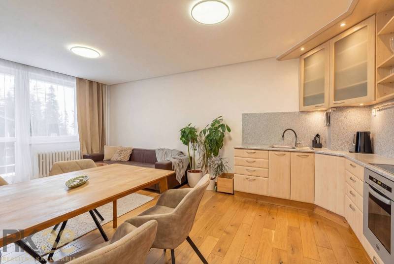 Interior of a vacation apartment with a sofa, kitchen, and wooden decor flooring.