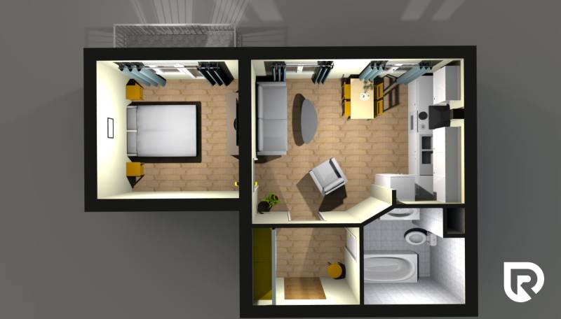 Floor plan of a 2-room apartment with wood-decor flooring, includes a bedroom and a kitchen with a living area.