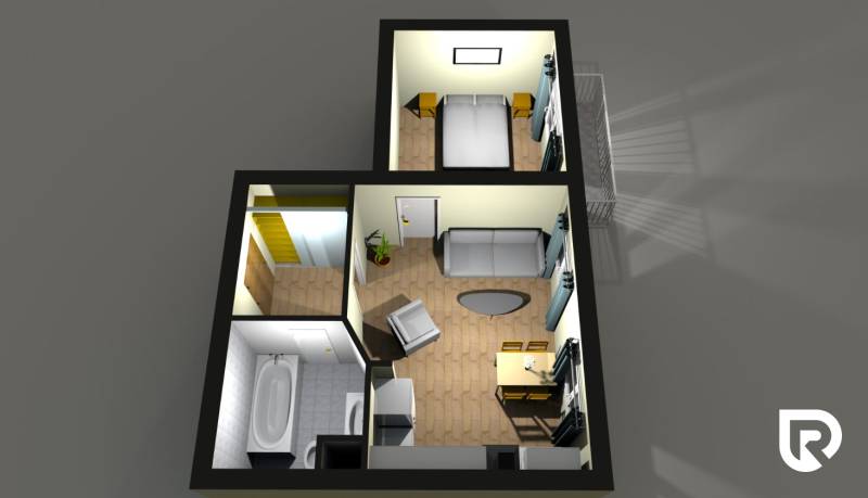 Layout of a 2-room apartment with wood-patterned flooring, a bathroom, and a balcony.