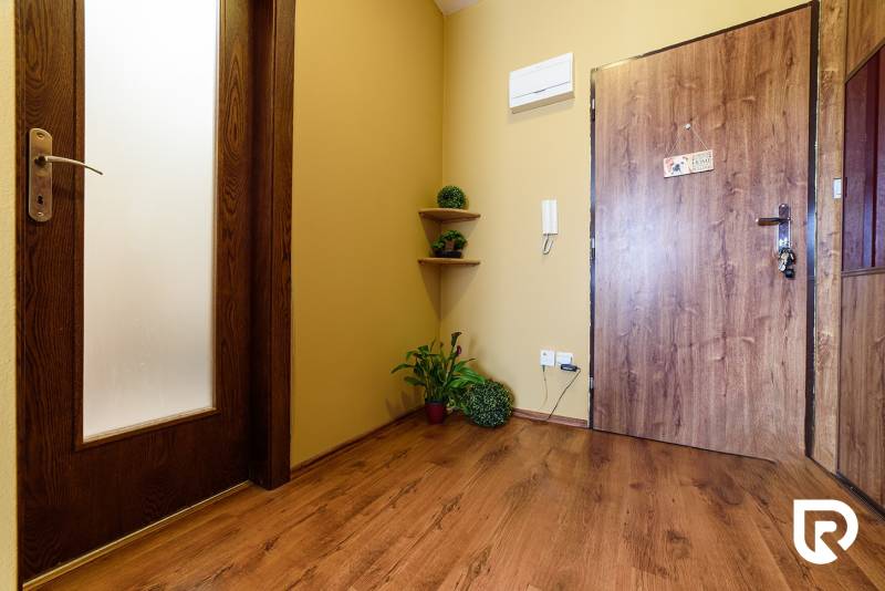 Entrance hall of a 2-room apartment with a wooden decor floor and plants.