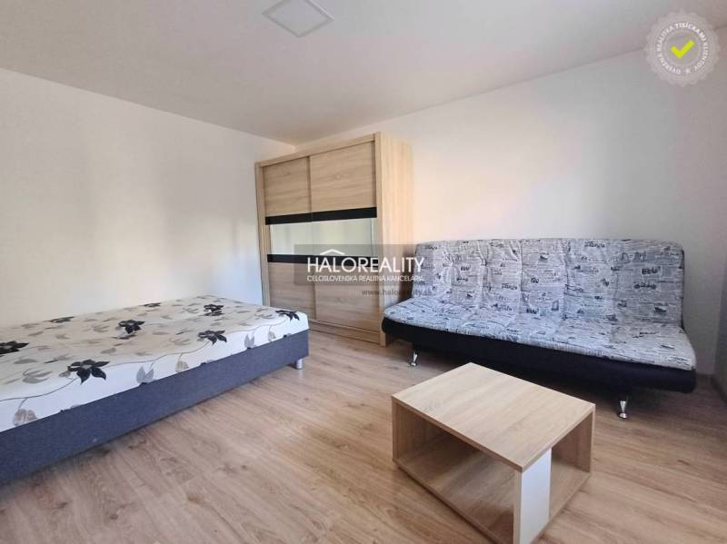 Interior of a 1-room apartment with a bed, sofa, and wooden decor flooring.