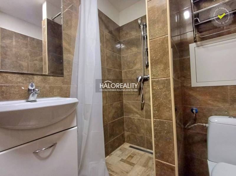 A bathroom with a shower and a sink in a studio apartment, brown tiles.
