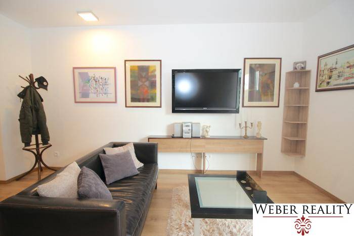 Living room in a studio apartment with a black sofa and wooden floor decor.