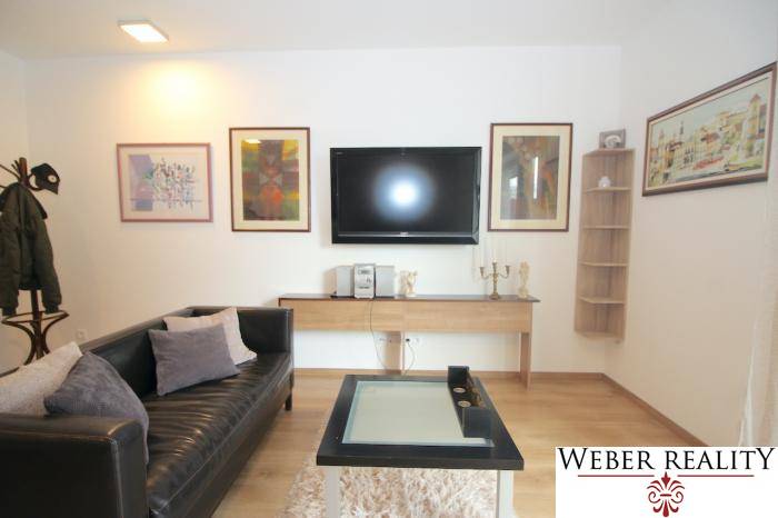 Living room in a studio apartment with a television, leather sofa, and wooden decor flooring.