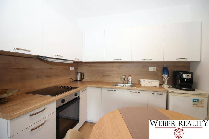 A kitchen with built-in appliances and wooden decor in a studio apartment.
