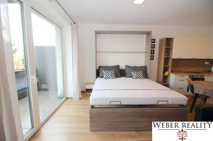 A bedroom with a pull-out bed and a wooden decor floor in a studio apartment.