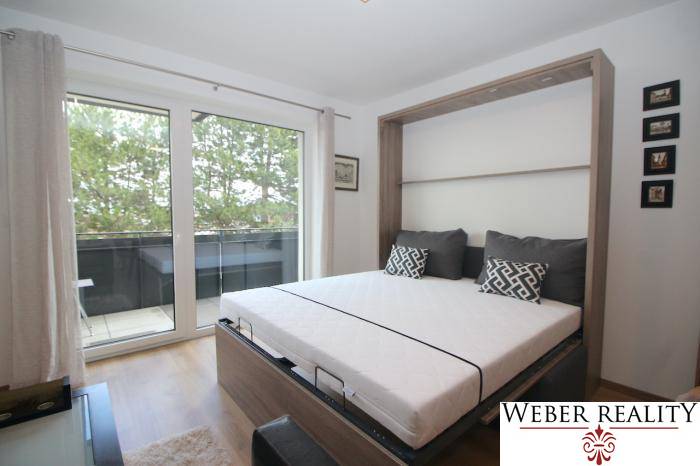A one-room apartment with a balcony view and a bed in a smart wall.