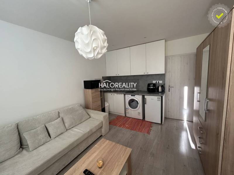 Studio apartment with a sofa, kitchenette, wardrobe, and wooden floor decor.
