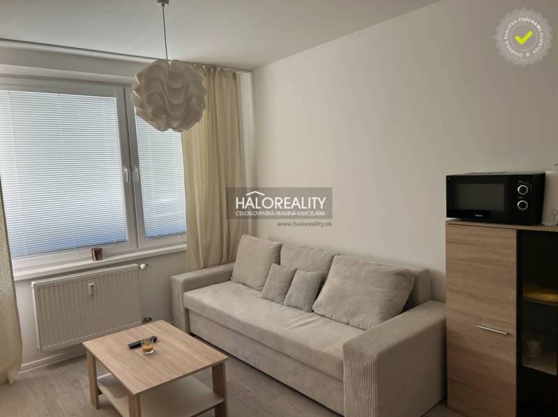Studio apartment with a light sofa, coffee table, and microwave; floor with wood decor.