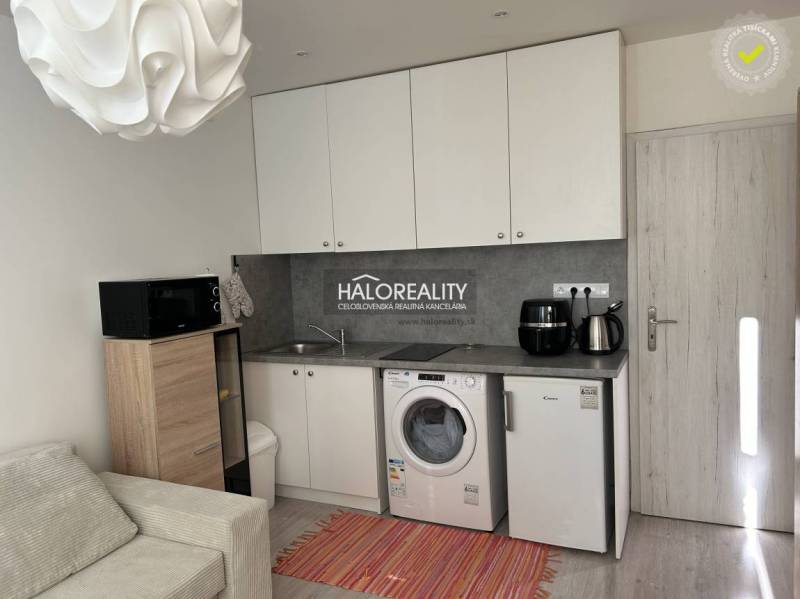 A kitchen in a studio apartment with a sink, washing machine, refrigerator, and microwave, bright interior.
