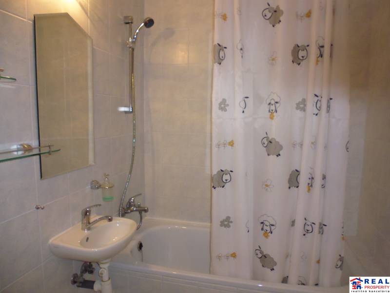 A bathroom in a 2-room apartment with a bathtub and a curtain with a sheep motif.