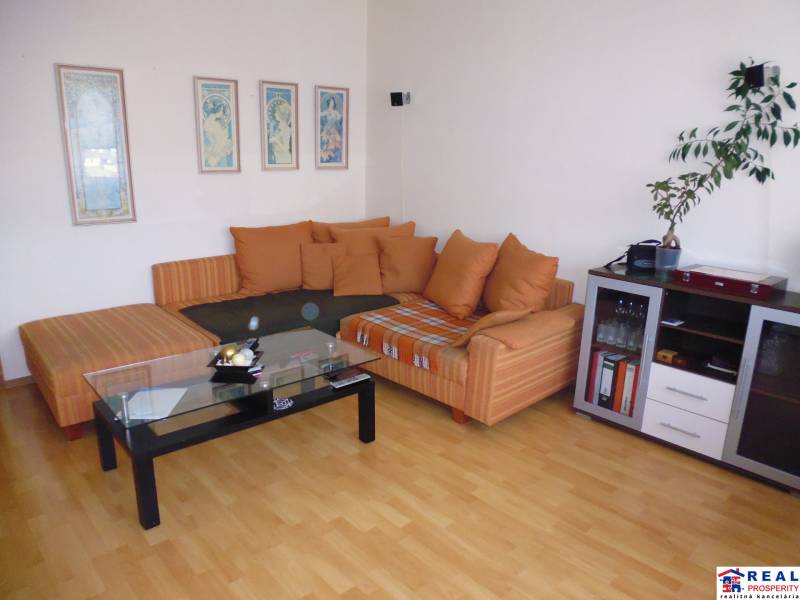 Living room in a two-room apartment with a sofa and a table on a floor with a wooden decor.