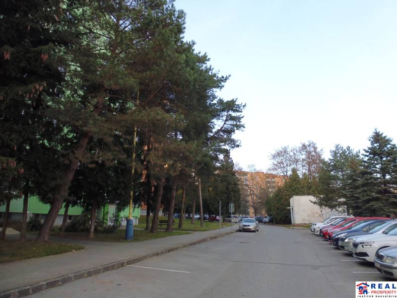 A parking lot surrounded by greenery and cars in the area of Prešov.