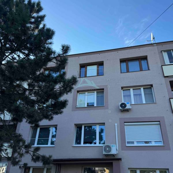 The exterior of an apartment building with a tree in Šahy and a balcony on a 2-room apartment.