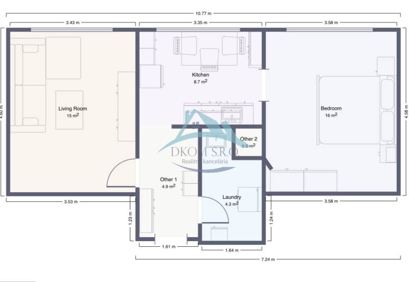Floor plan of a 2-room apartment with a living room, kitchen, and bedroom.