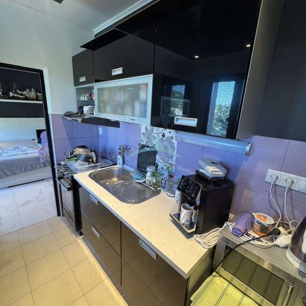 A kitchen in a 2-room apartment with black cabinets and purple tiles.