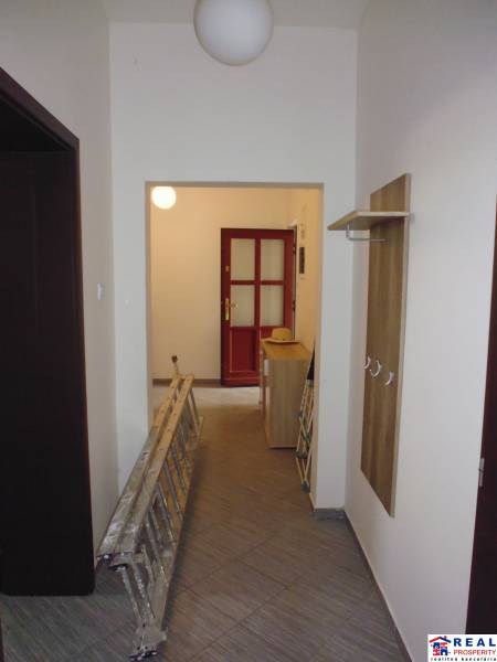 A hallway in a 3-room apartment with a ladder and a cabinet, floor with wood decor.