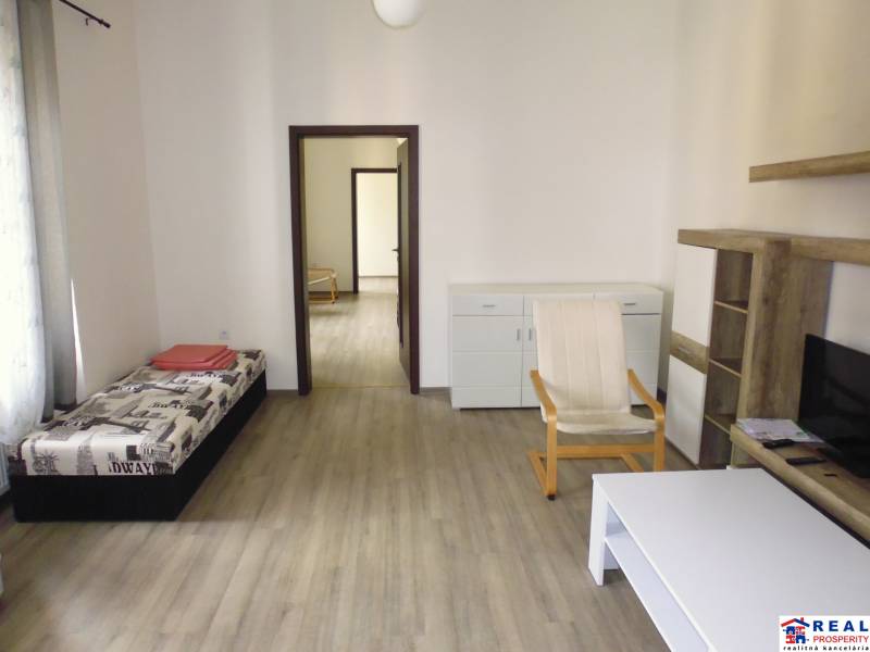 Living room in a 3-room apartment with a wooden decor floor and light furniture.