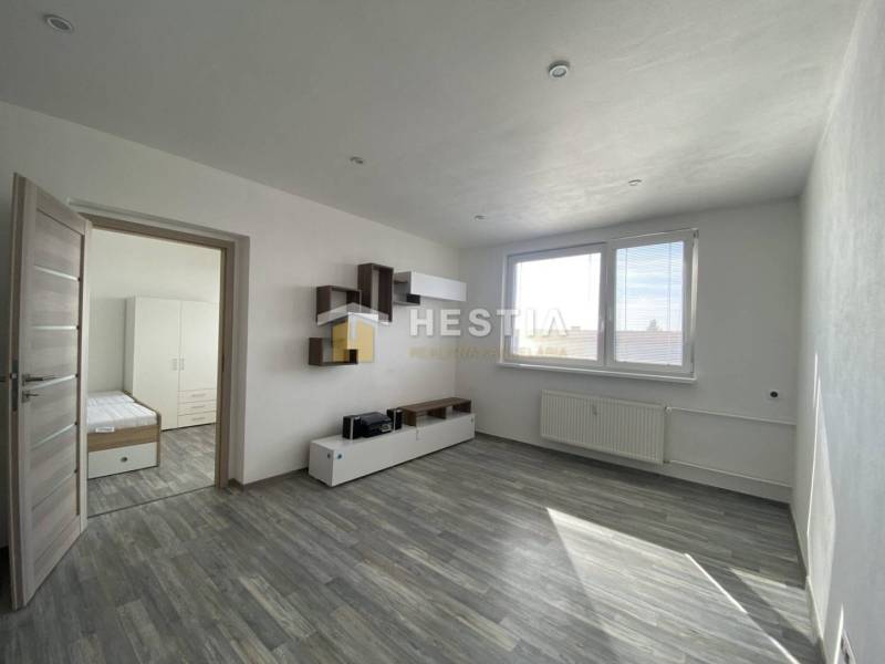 Living room of a two-room apartment with a wood-decor floor and a large window.