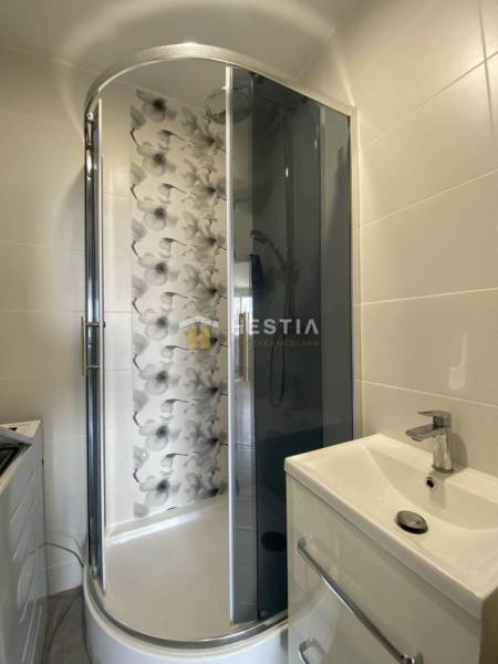 A bathroom in a 2-room apartment with a modern shower and floral wall decor.