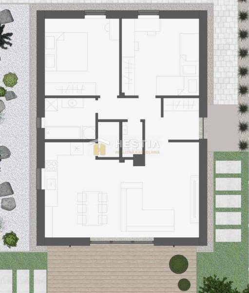 Floor plan of a family house with three rooms, a kitchen, and an outdoor terrace.