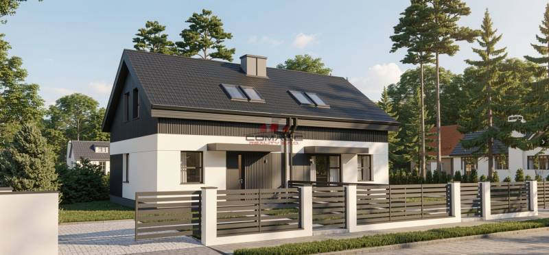 A family house in Sasinkovo on Sasinkovo Street, surrounded by trees and a modern fence.