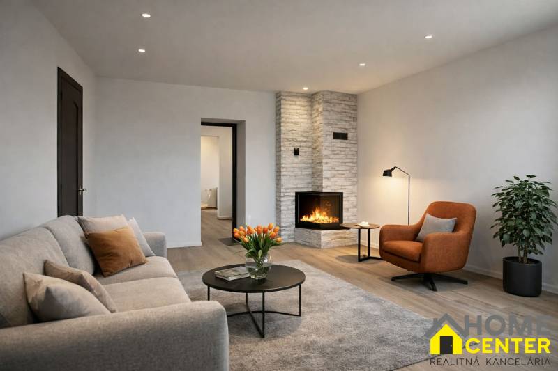 Living room with a fireplace, comfortable seating, and a wooden decor floor in a family house.