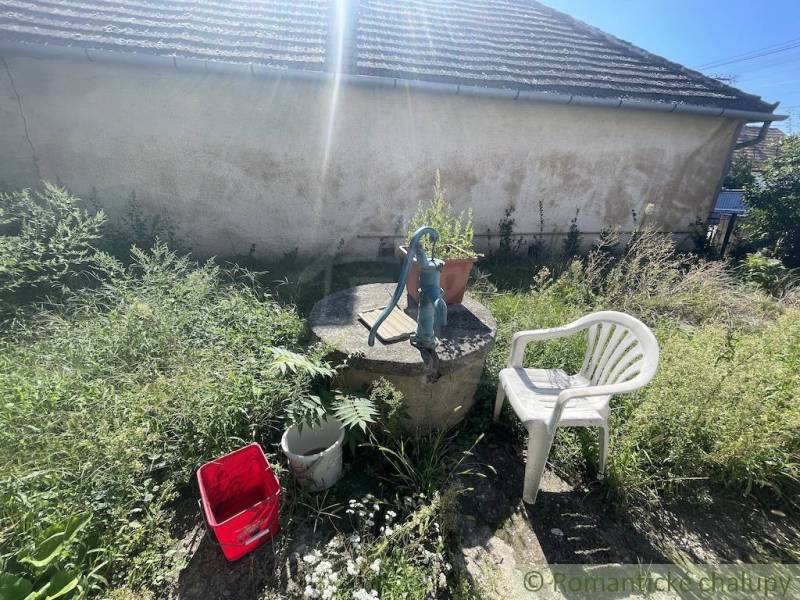 Garden in Jatov with a pump, plastic chair, and bucket by the family house.